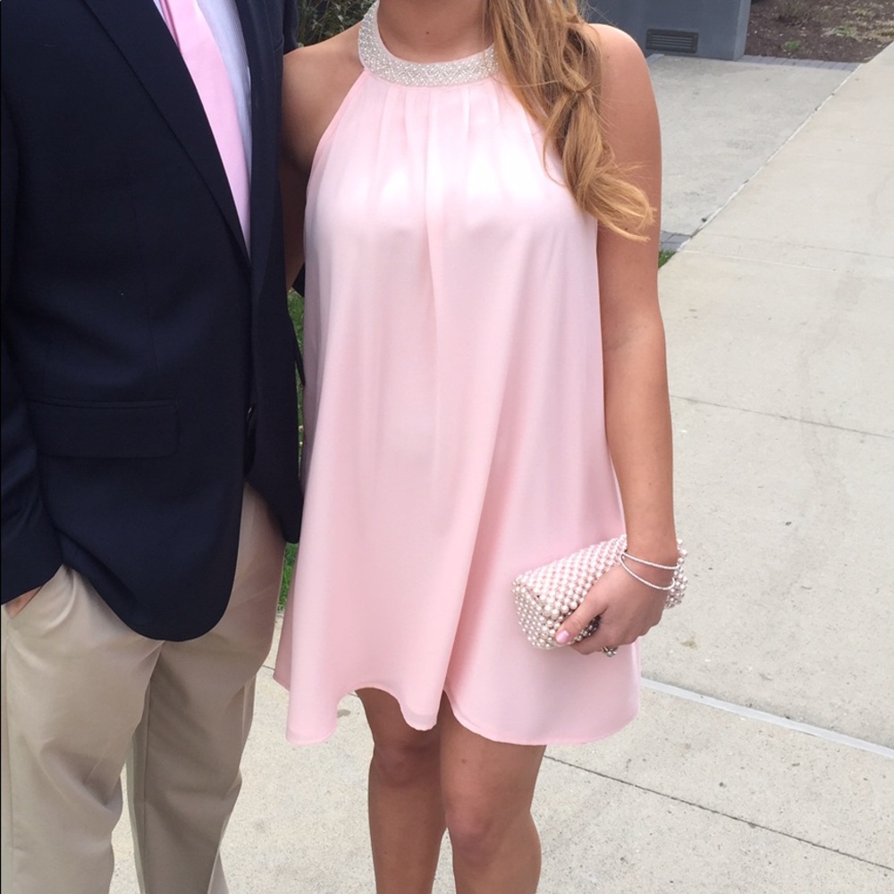 Light pink halter dress with beaded neckline